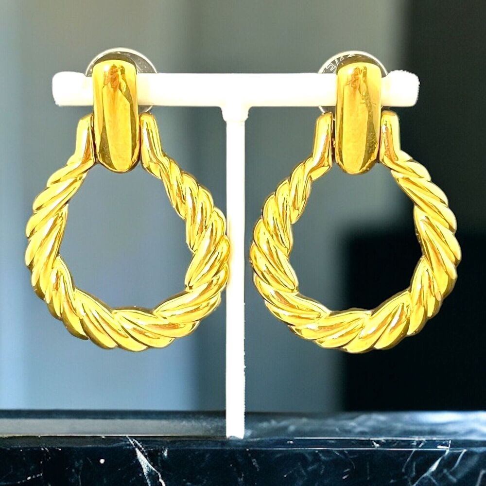 Vintage 1980s Monet Gold Tone Earrings Door Knocker Pierced - 1M